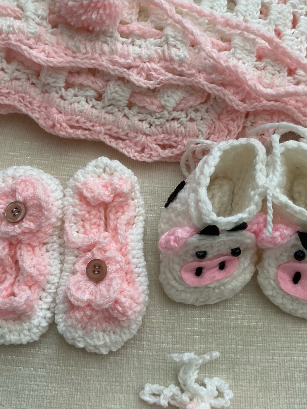 Handmade Pink & White Crochet Baby Booties and Blanket Set - Picture 5 of 6